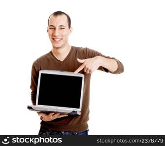 Young man showing a work presentation on the laptop, isolated on white