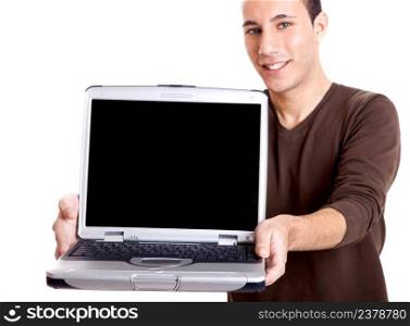 Young man showing a work presentation on the laptop, isolated on white 