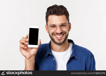 Young man showing his brand new smart phone isolated on white. Young man showing his brand new smart phone isolated on white.