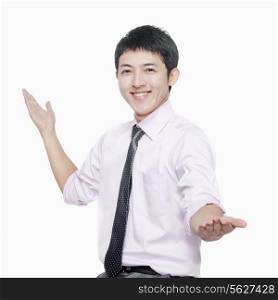 Young man smiling with arms outstretched