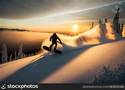 Young man snowboarder running down the slope in Alpine mountains. Winter sport and recreation. Neural network AI generated art. Young man snowboarder running down the slope in Alpine mountains. Winter sport and recreation. Neural network AI generated