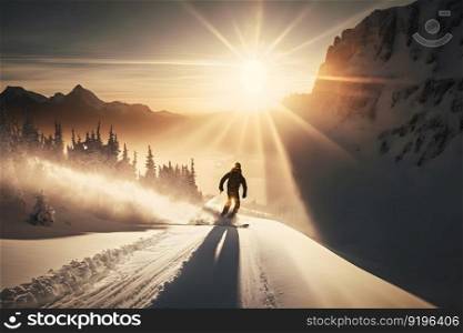 Young man snowboarder running down the slope in Alpine mountains. Winter sport and recreation. Neural network AI generated art. Young man snowboarder running down the slope in Alpine mountains. Winter sport and recreation. Neural network AI generated