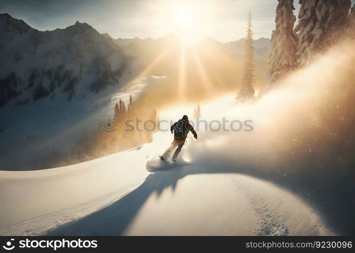 Young man snowboarder running down the slope in Alpine mountains. Winter sport and recreation. Neural network AI generated art. Young man snowboarder running down the slope in Alpine mountains. Winter sport and recreation. Neural network AI generated