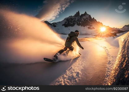 Young man snowboarder running down the slope in Alpine mountains. Winter sport and recreation. Neural network AI generated art. Young man snowboarder running down the slope in Alpine mountains. Winter sport and recreation. Neural network AI generated