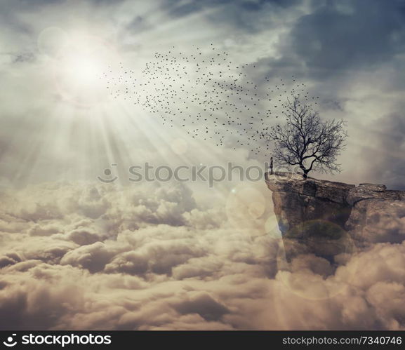 Young man standing on the peak of a cliff over clouds watching at a flock of birds flying from a strange, bare tree. The tree of death symbol, journey and discover.