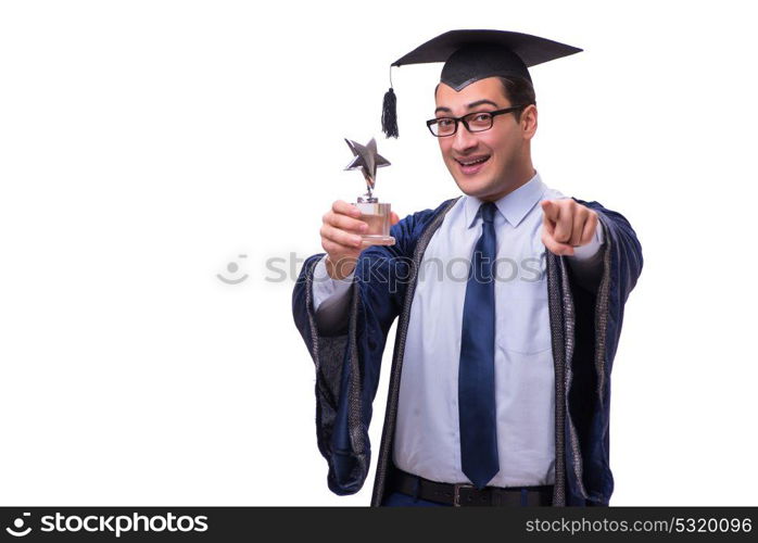 Young man student graduating isolated on white