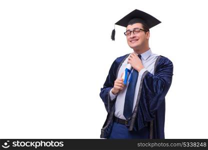 Young man student graduating isolated on white