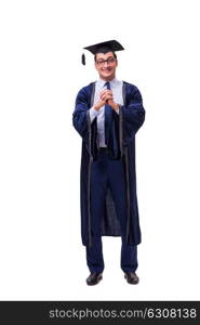 Young man student graduating isolated on white