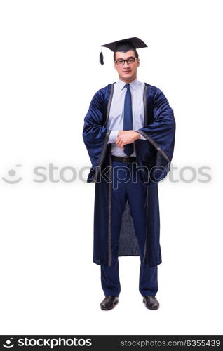 Young man student graduating isolated on white