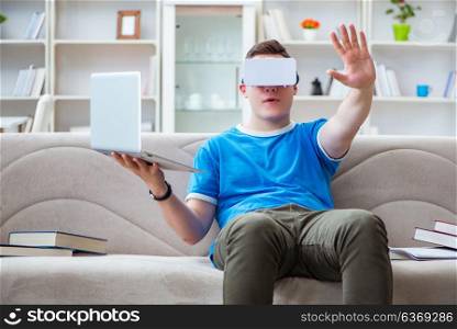 Young man student studying with virtual glasses