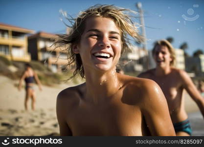 young man swimming at the sea beach and playing in sea water on tropical beach , Happy summer vacation lifestyle on beach holiday , Generate Ai