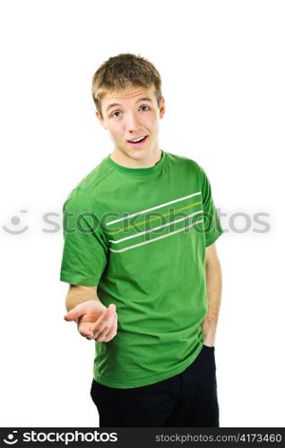 Young man talking and gesturing isolated on white background