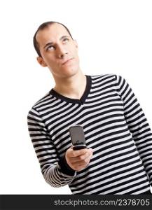 Young man talking on cellphone and worried with something, isolated on white background