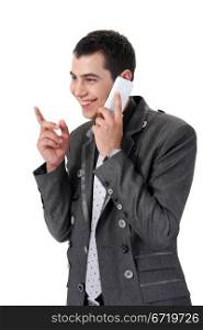 young man talking on the phone on the white background