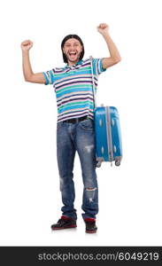 Young man travelling with suitcases isolated on white