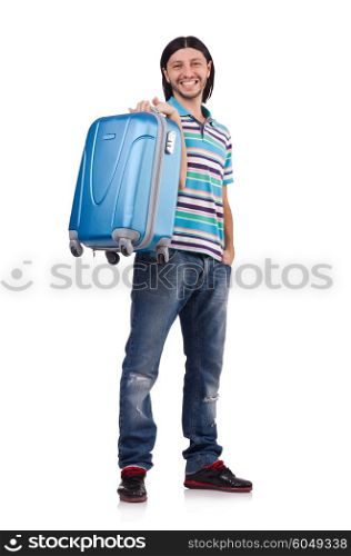 Young man travelling with suitcases isolated on white