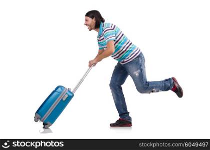 Young man travelling with suitcases isolated on white