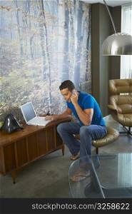 Young man using a laptop and talking on a mobile phone