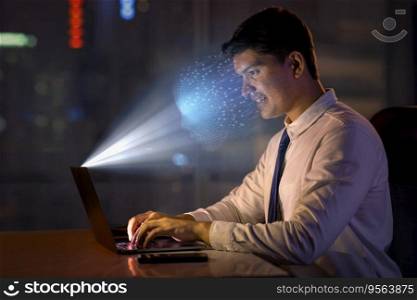 Young man using facial recognition technology with laptop