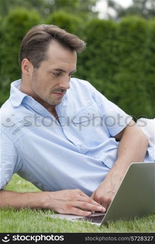 Young man using laptop while lying on grass in park