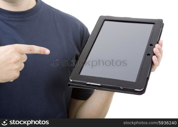 young man using touch pad, close up shot on tablet pc, isolated