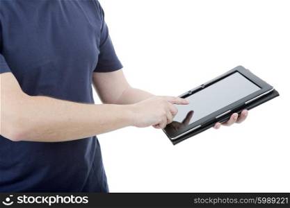young man using touch pad, close up shot on tablet pc, isolated