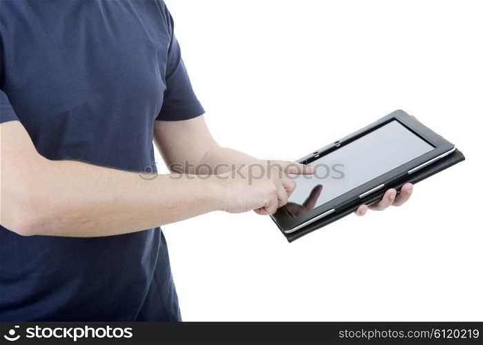 young man using touch pad, close up shot on tablet pc, isolated