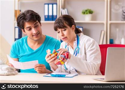 Young man visiting female doctor cardiologist 