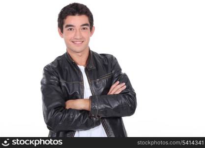 young man wearing a leather jacket