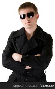 Young man Wearing black coat with sunglasses isolated on white Background
