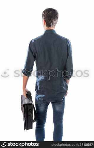 young man wearing blue shirt with a black briefcase against white background