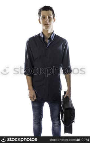 young man wearing blue shirt with a black briefcase against white background