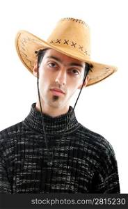 Young man wearing cowboy hat on white