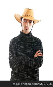 Young man wearing cowboy hat on white