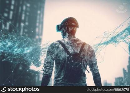 Young man wearing virtual reality goggles standing in virtual world background . Concept of virtual reality technology , gaming simulation and metaverse. Peculiar AI generative image.. Young man wearing virtual reality goggles standing in virtual world background