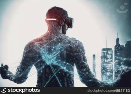 Young man wearing virtual reality goggles standing in virtual world background . Concept of virtual reality technology , gaming simulation and metaverse. Peculiar AI generative image.. Young man wearing virtual reality goggles standing in virtual world background