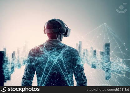 Young man wearing virtual reality goggles standing in virtual world background . Concept of virtual reality technology , gaming simulation and metaverse. Peculiar AI generative image.. Young man wearing virtual reality goggles standing in virtual world background