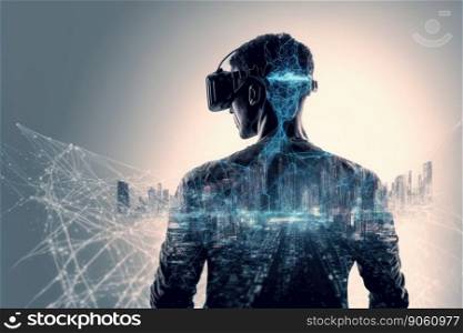Young man wearing virtual reality goggles standing in virtual world background . Concept of virtual reality technology , gaming simulation and metaverse. Peculiar AI generative image.. Young man wearing virtual reality goggles standing in virtual world background
