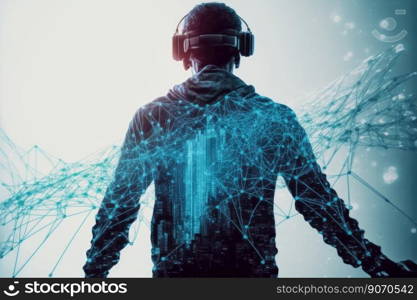 Young man wearing virtual reality goggles standing in virtual world background . Concept of virtual reality technology , gaming simulation and metaverse. Peculiar AI generative image.. Young man wearing virtual reality goggles standing in virtual world background