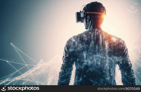 Young man wearing virtual reality goggles standing in virtual world background . Concept of virtual reality technology , gaming simulation and metaverse. Peculiar AI generative image.. Young man wearing virtual reality goggles standing in virtual world background