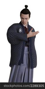 Young man wears hakama and haori, vintage traditional japanese clothing. 3D Illustration