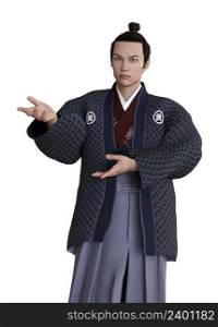 Young man wears hakama and haori, vintage traditional japanese clothing. 3D Illustration