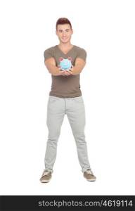 Young man with a money box isolated on a white background