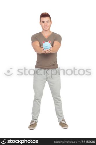 Young man with a money box isolated on a white background