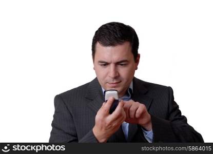 young man with a phone in white background
