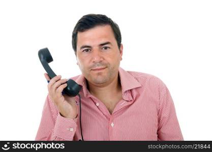 young man with a phone, isolated on white