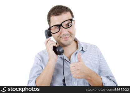 young man with a phone, isolated on white