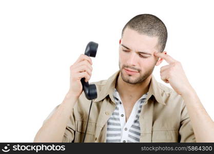 young man with a phone, isolated on white