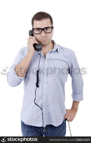 young man with a phone, isolated on white