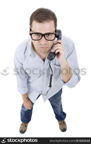 young man with a phone, isolated on white